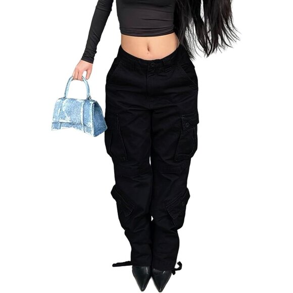 Denim - Women High Waisted Cargo Jeans Wide Leg Baggy Streetwear Denim Pants